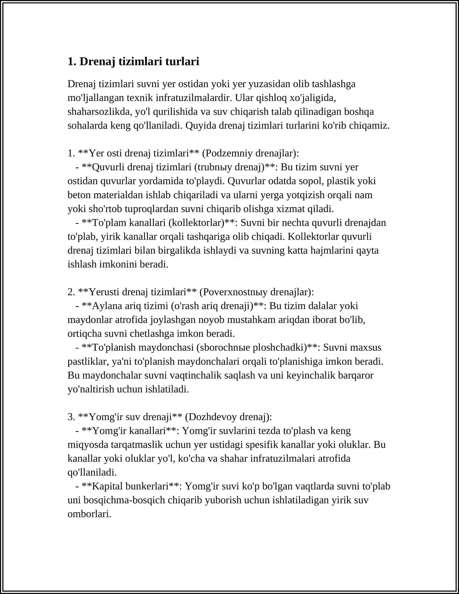 DRENAJLAR. YER OSTI SUVLARINI CHETLATISH 3
