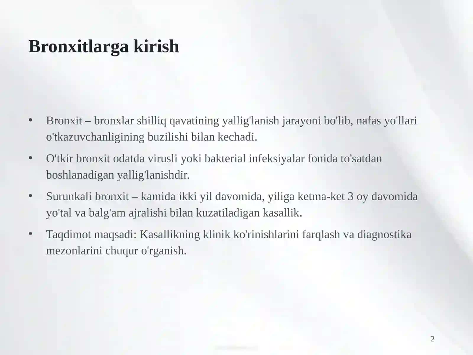 Bronxitlar (o'tkir kriteriyalari. va surunkali) simtomatologiyasi, diagnostikasi 3