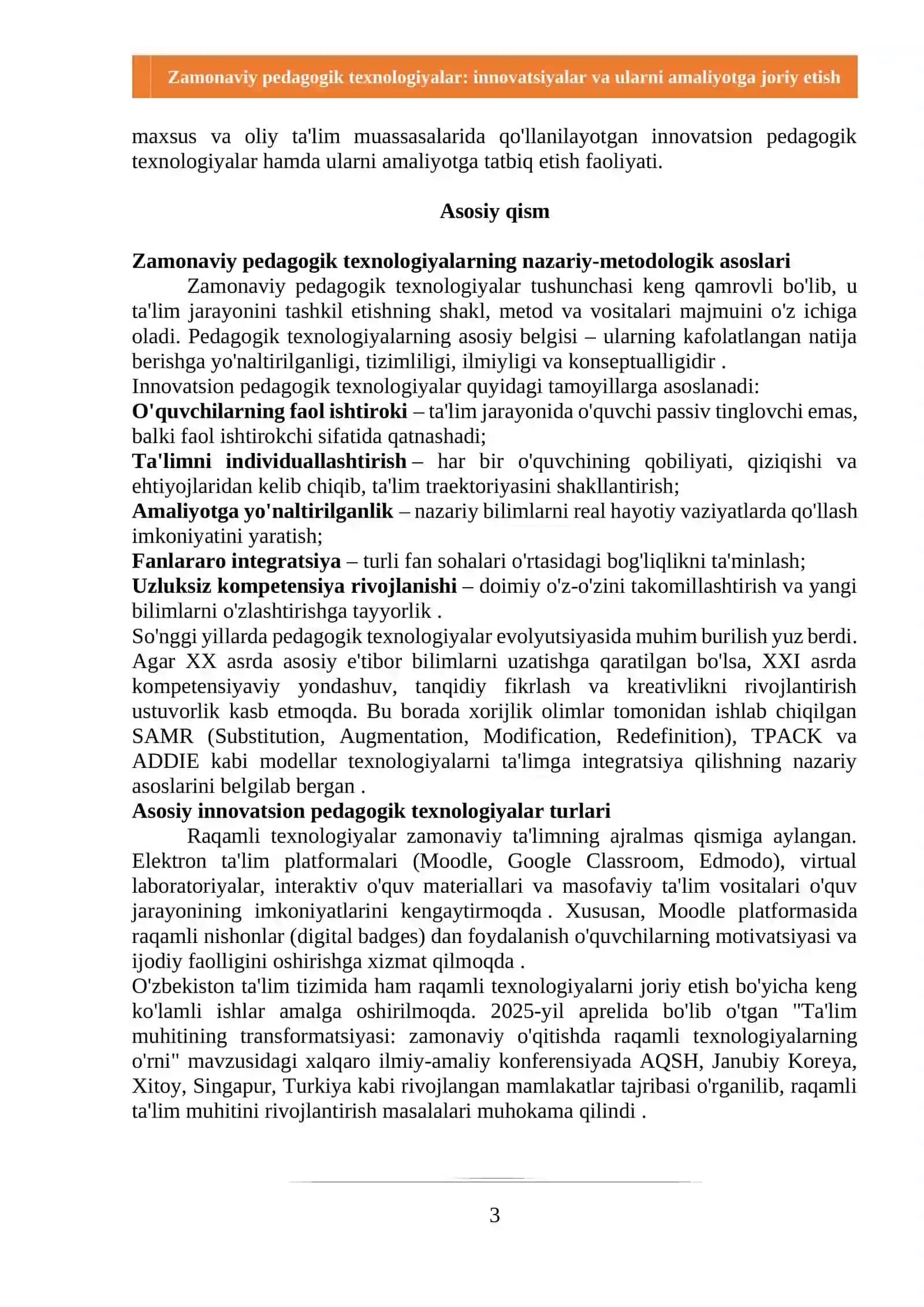 Zamonaviy pedagogik texnologiyalar: innovatsiyalar va ularni amaliyotga joriy etish 3