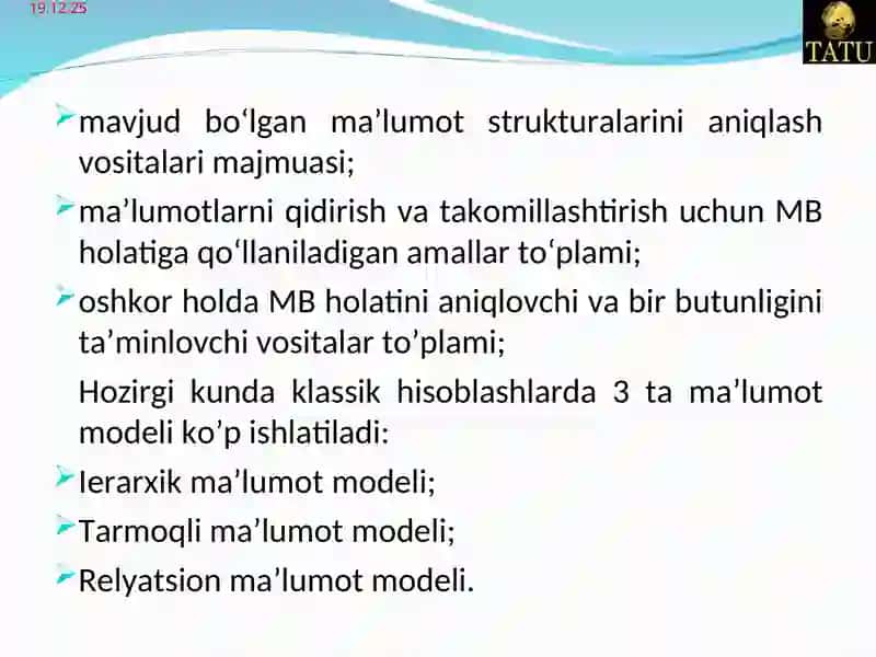 Ma’lumot baza modeli. Mohiyat-aloqa modeli. 3