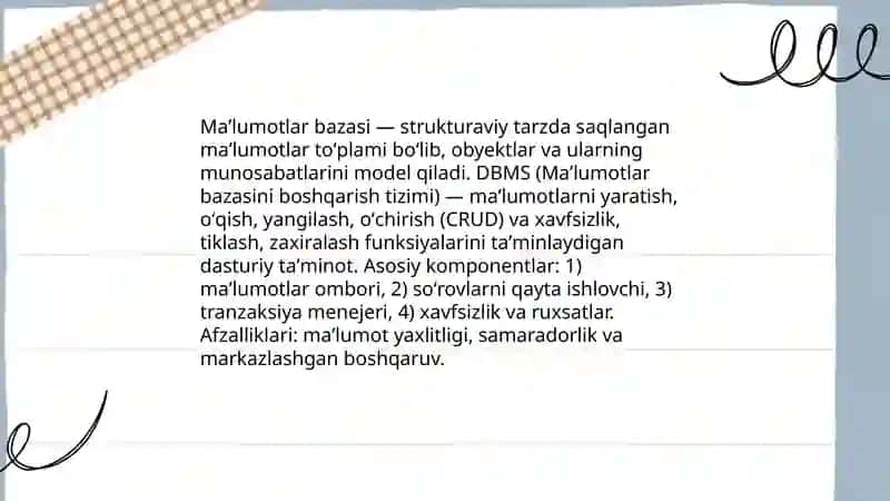 Maʼlumotlar bazasini boshqarish tizimlari 3