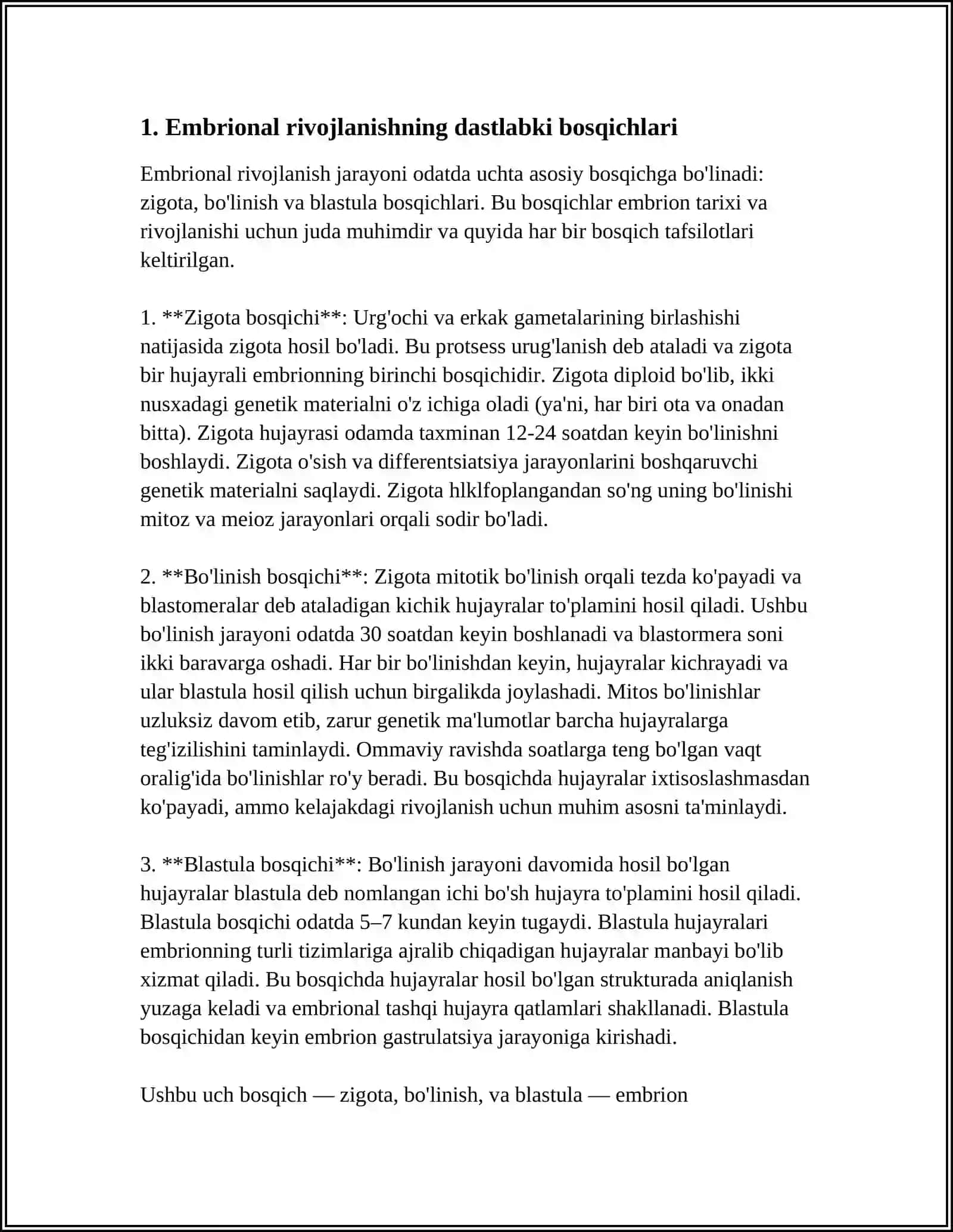 MUSTAQIL ISH Mavzu: EMBRIONAL RIVOJLANISH 3