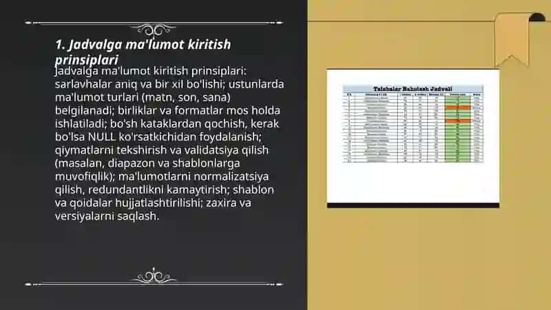 Jadvalda ma'lumot kiritish va farmatlash 3