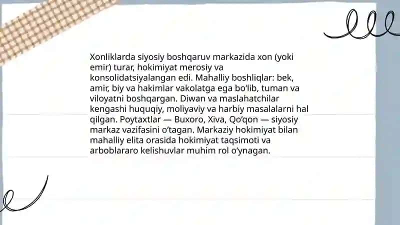 XlX-asrda oʻrtalarida oʻzbek xonliklaridagi siyosiy va ishtimoiy iqtisodiy hayot 3