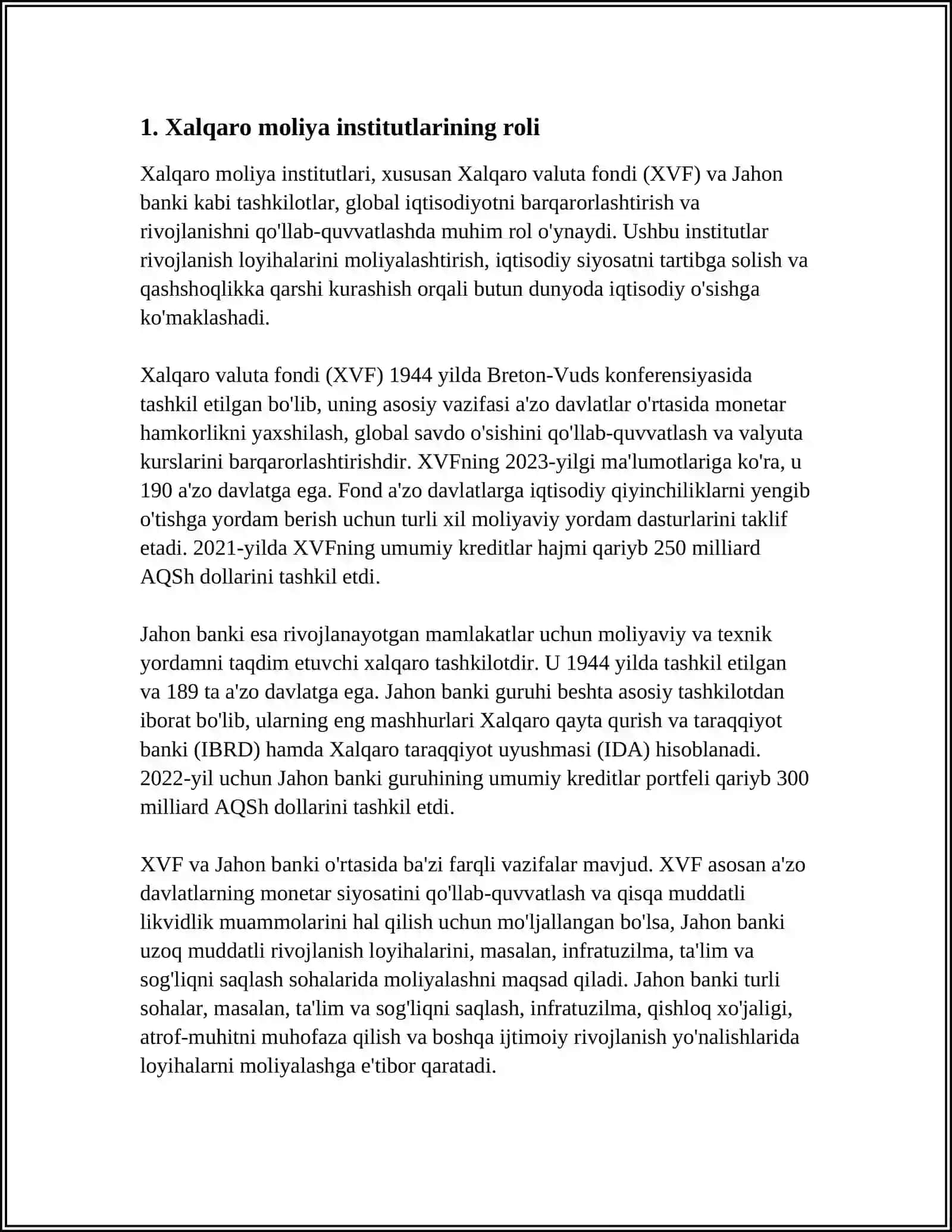 MUSTAQIL ISH Mavzu: THE ENVIRONMENT FOR THE DEVELOPMENT OF INTERNATION ECONOMIC 3