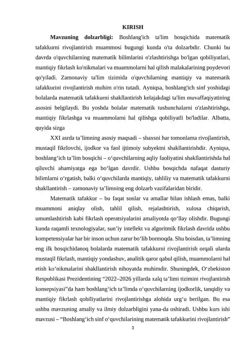 BOSHLANG'ICH SINF O'QUVCHILARINING MATEMATIK TAFAKKURINI RIVOJLANTIRISH 3