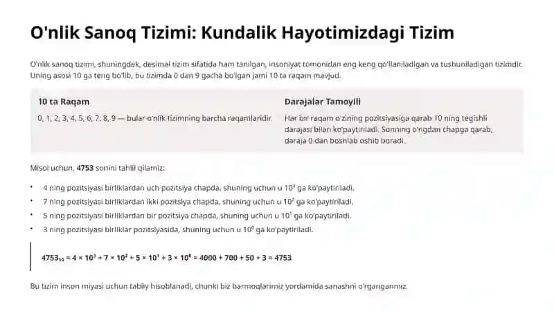 Sanoq Tizimlari: Ikkilik, Sakkizlik va O'nlik 3