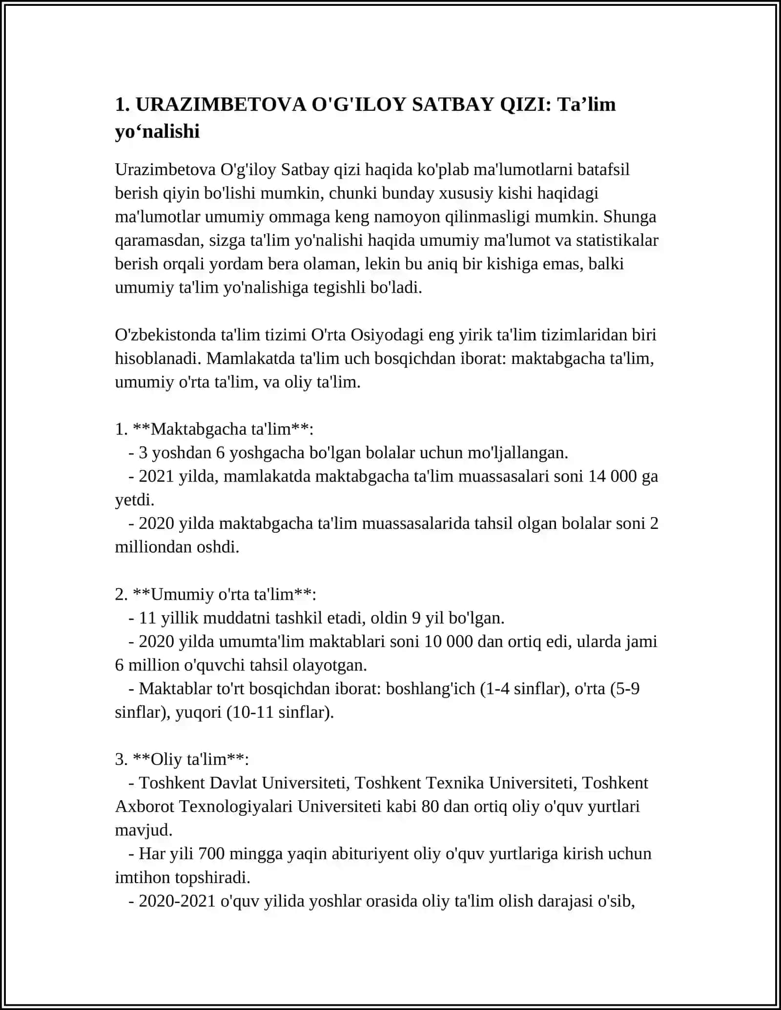 Urazimbetova O'g'iloy Satbay qizi 2-kurs 3