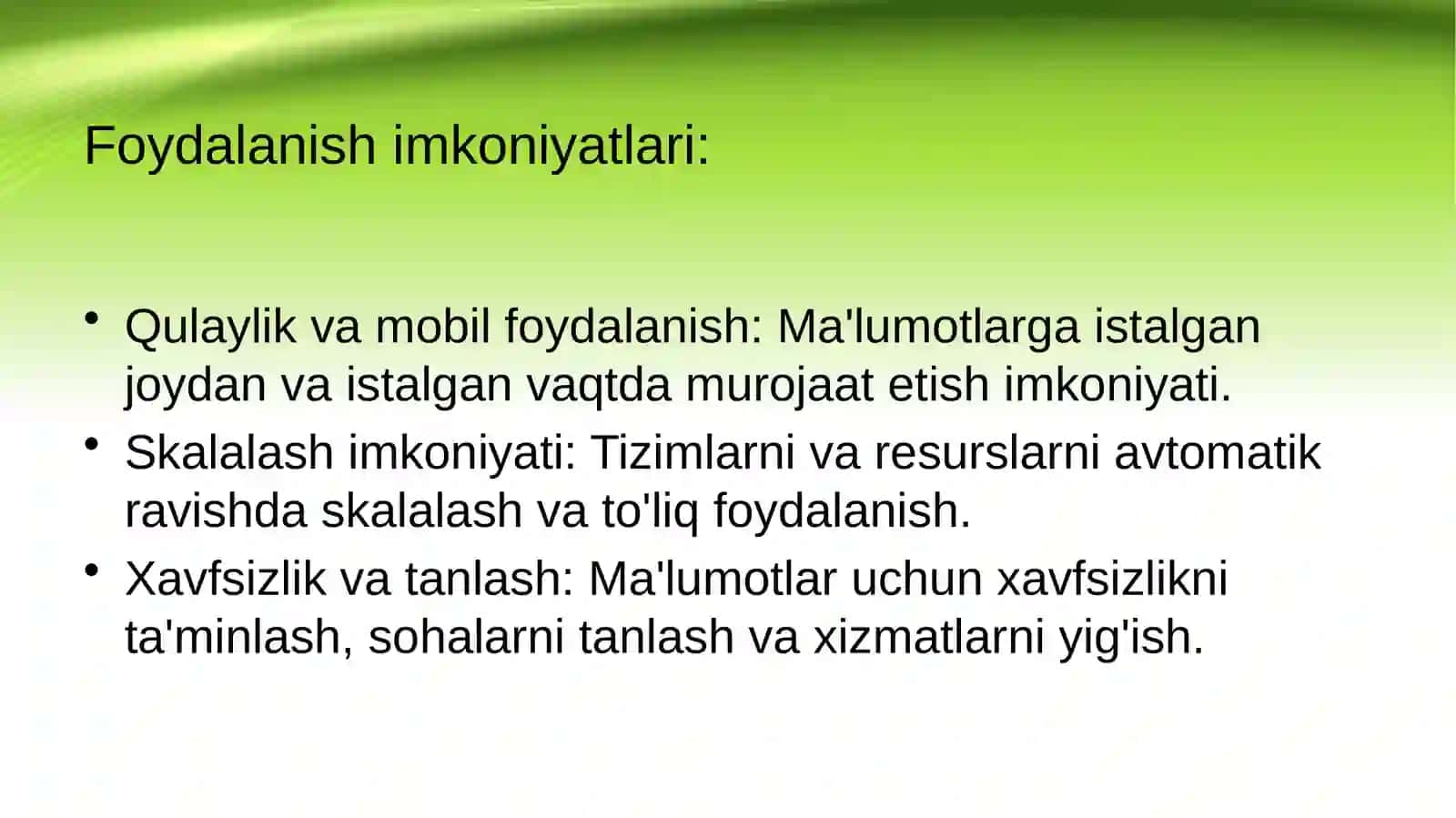 MAVZU:Har hil faoliyat sohalarida bulutli texnologiyalardan foydalanish imkoniyatlari 3