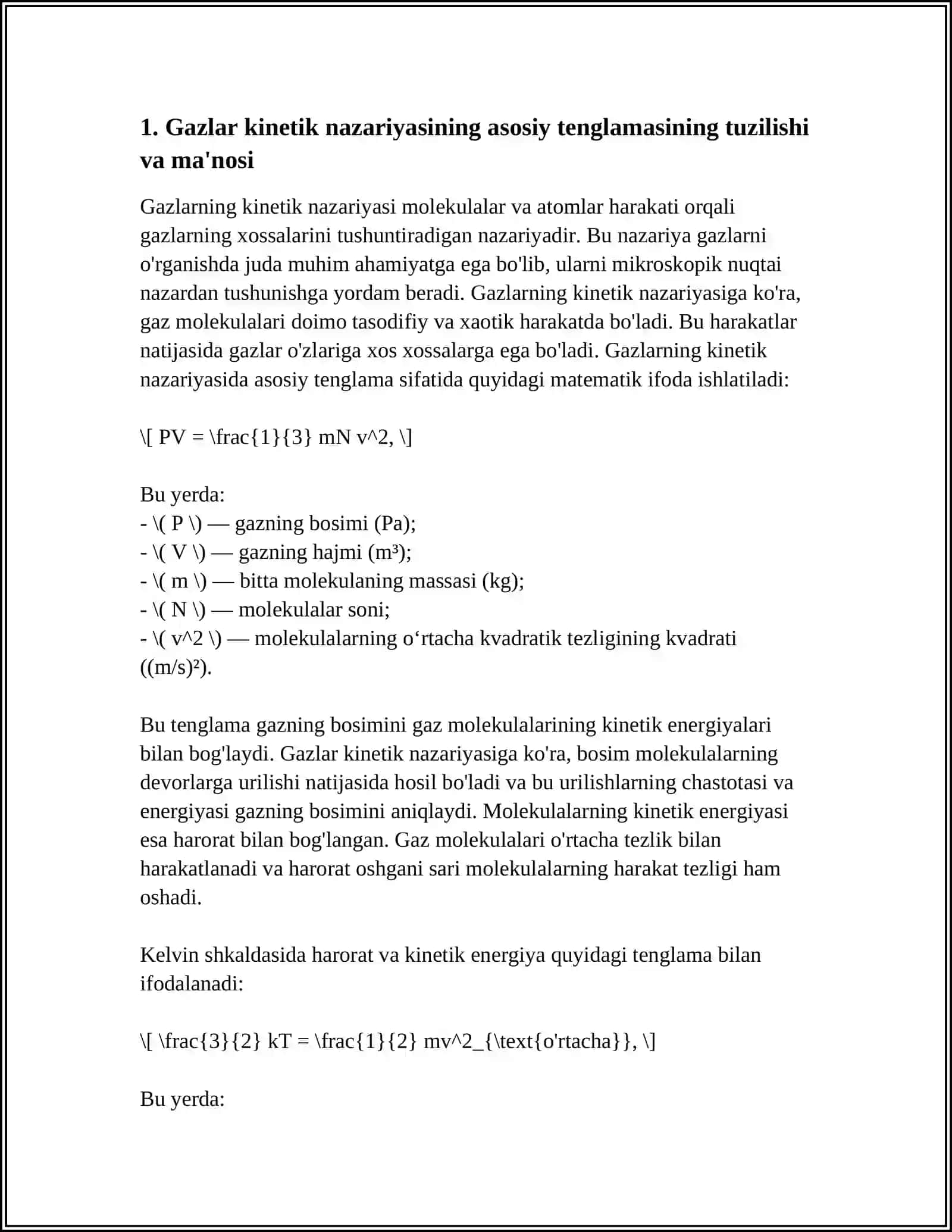 GAZLAR KINETIK NAZARIYASINING ASOSIY TENGLAMASI 3