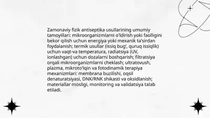 Zamonaviy fizik antiseptika usullari.Kimyoviy va biologik antiseptiklar guruxlari va turlari 3