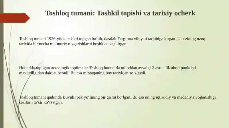 Toshloq tumani: Tarixiy ocherk va geografik joylashuvi 3