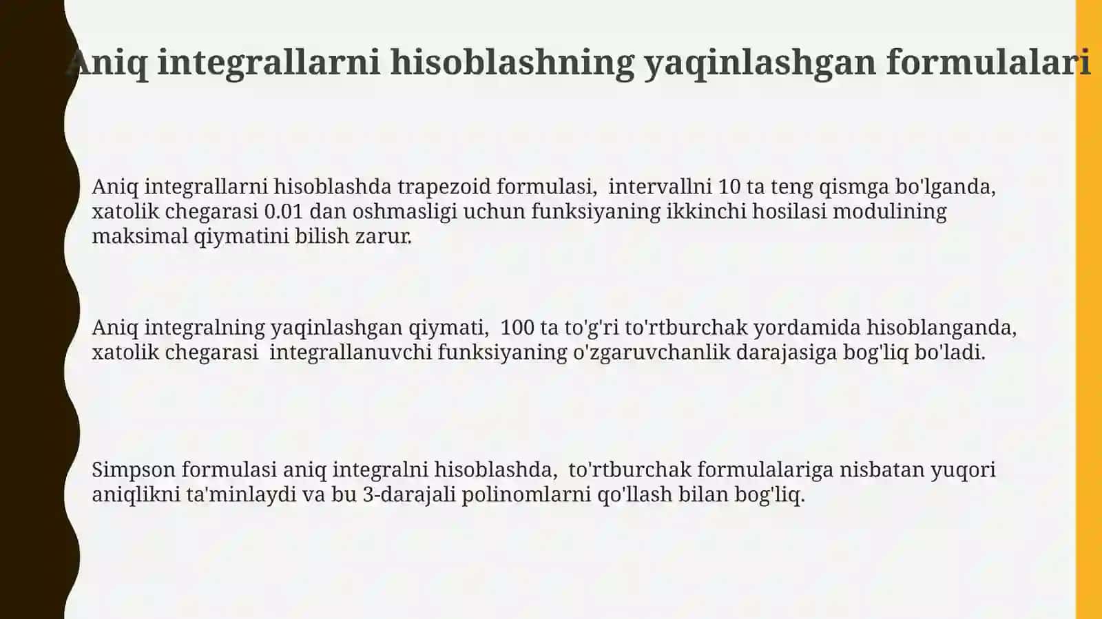 Aniq integrallarni hisoblashning yaqinlashgan formulalari 3