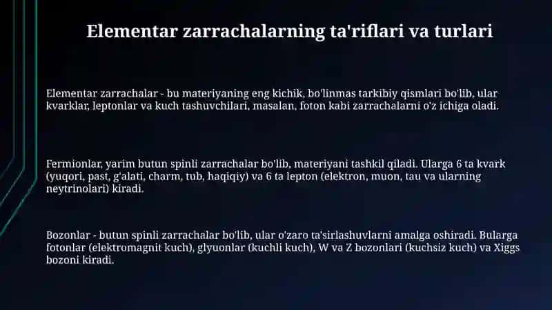 Elementar zarralar. Elementar zarralarning asosiy xususiyatlari va klassiffikatsiyasi 3