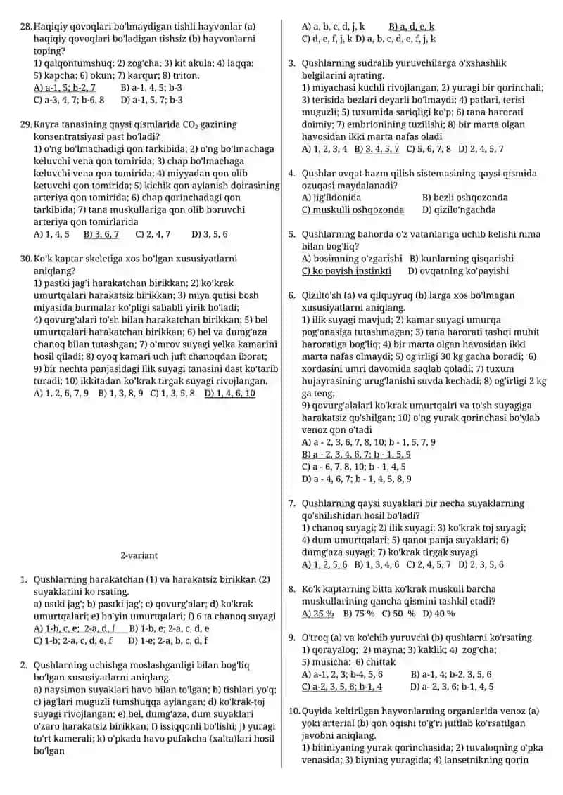 Qushlar va sutemizuvchilar test javobli 3