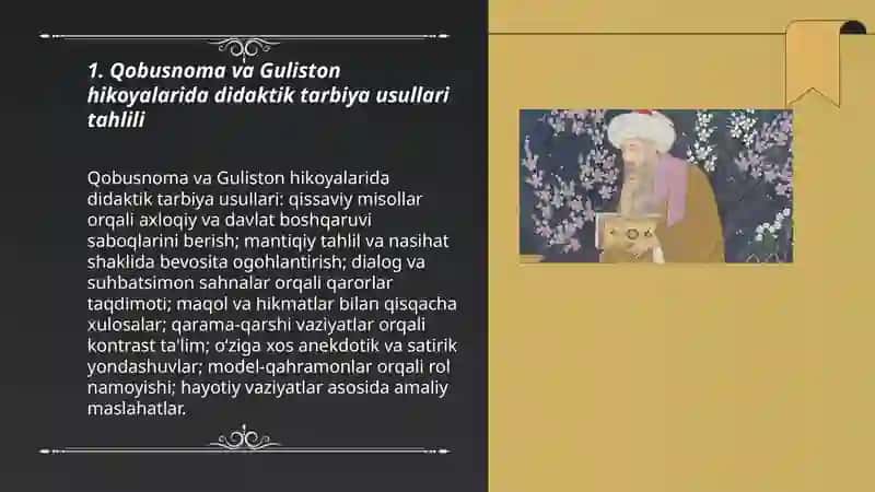Hikoyalar tahlili "Qobusnoma va Guliston" 3