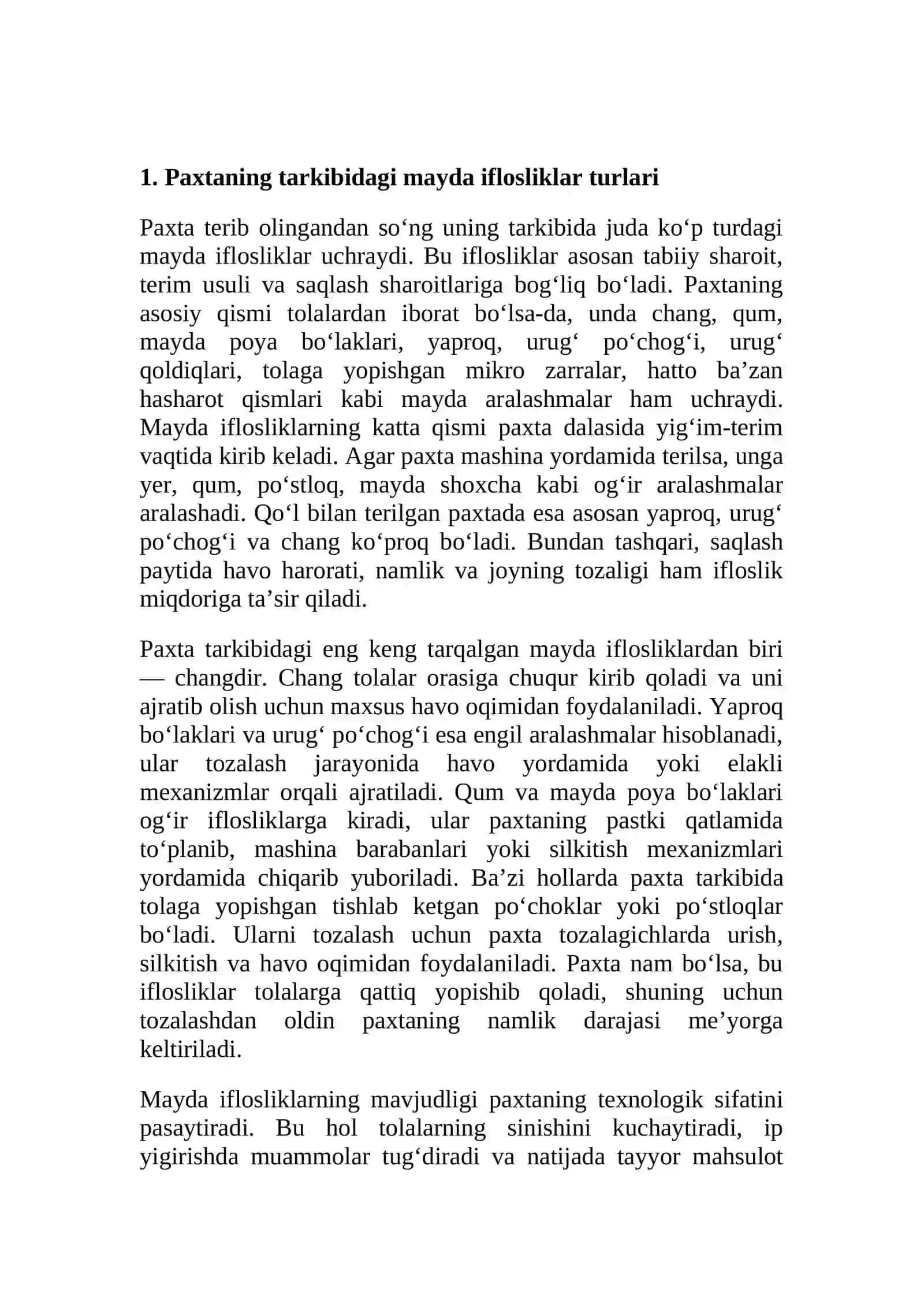Paxtani mayda iflosliklar dan tozalash 3