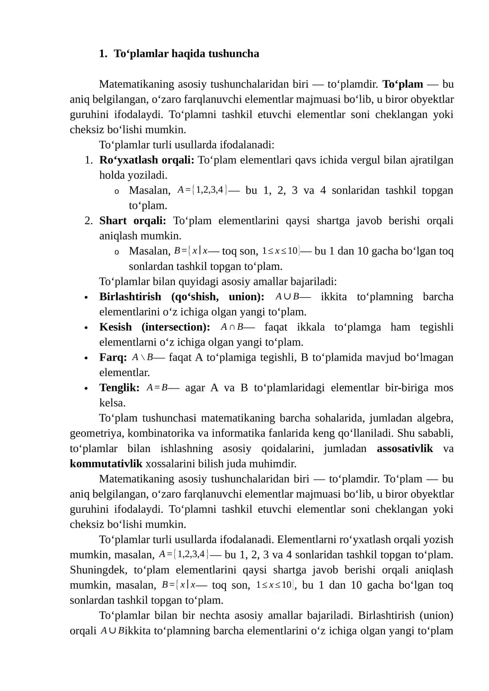 Toʻplamlarni assosativlik va kamutativlik 3