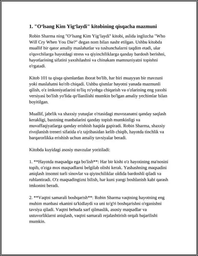 ROBIN SHARMA "OʻLSANG KIM YIGʻLAYDI" 3