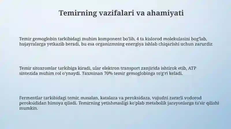 Temir mikroelementi va uning ovqatlanishdagi o‘rni 3