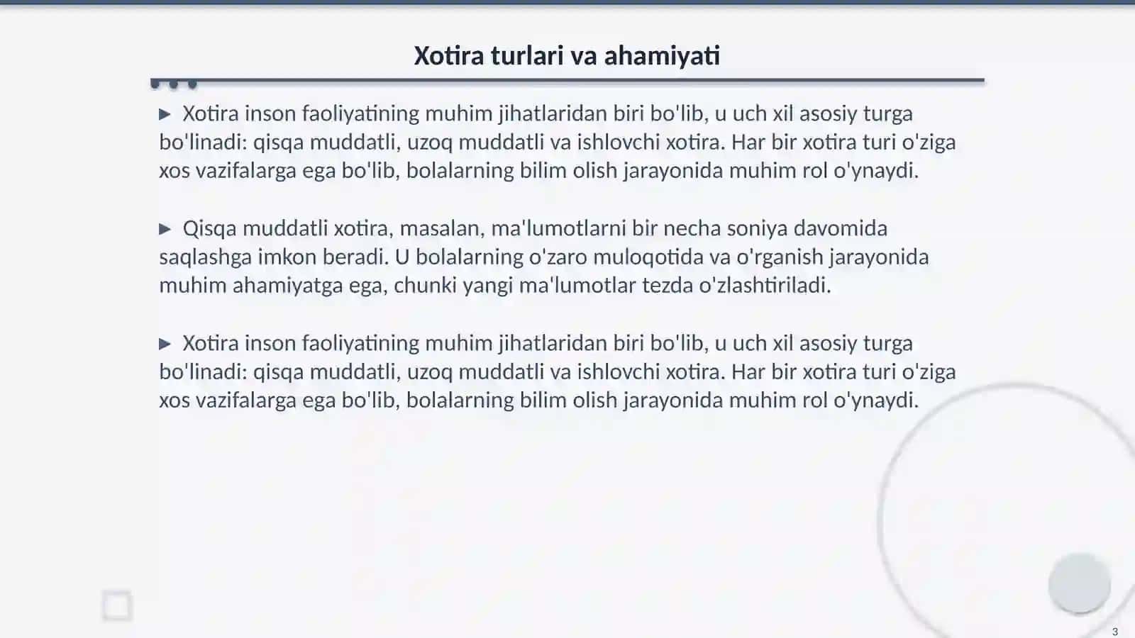 Bolada xotiraning yetakchi turini aniqlash 3