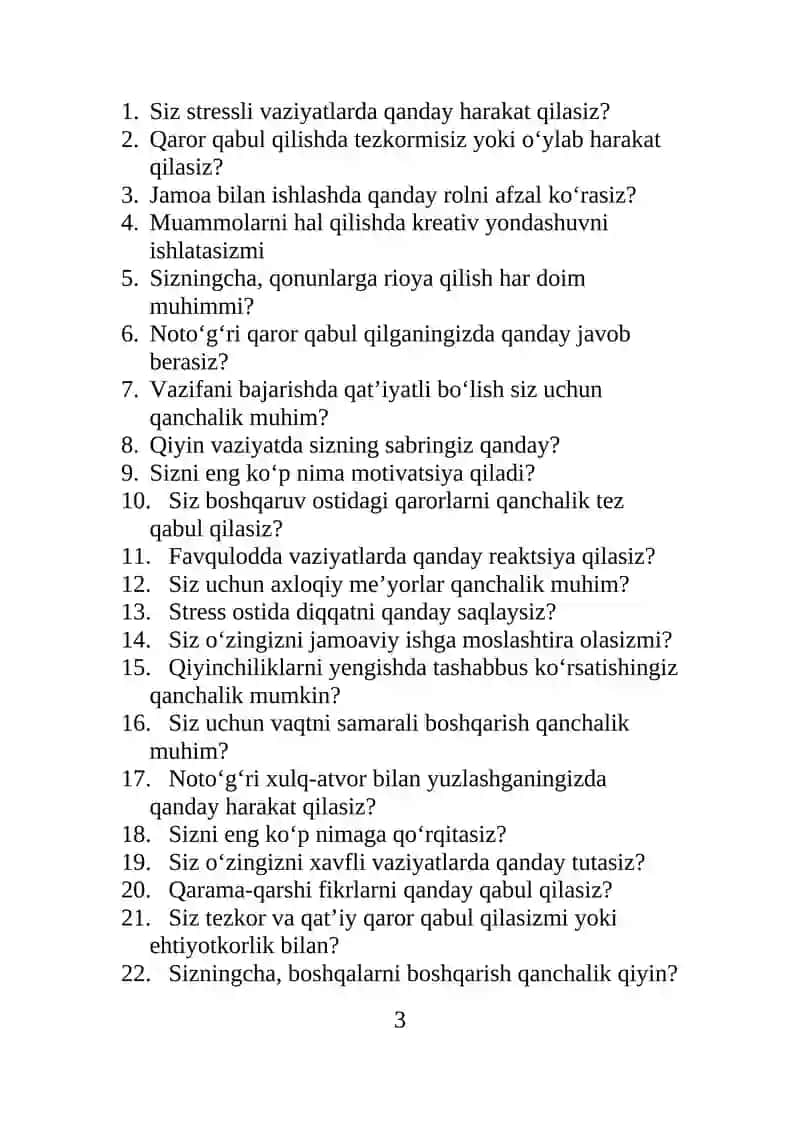ICHKI ISHLARGA KIRUVCHILAR UCHUN PSIXOLOGIK TESTLAR (100 ta savol) 3