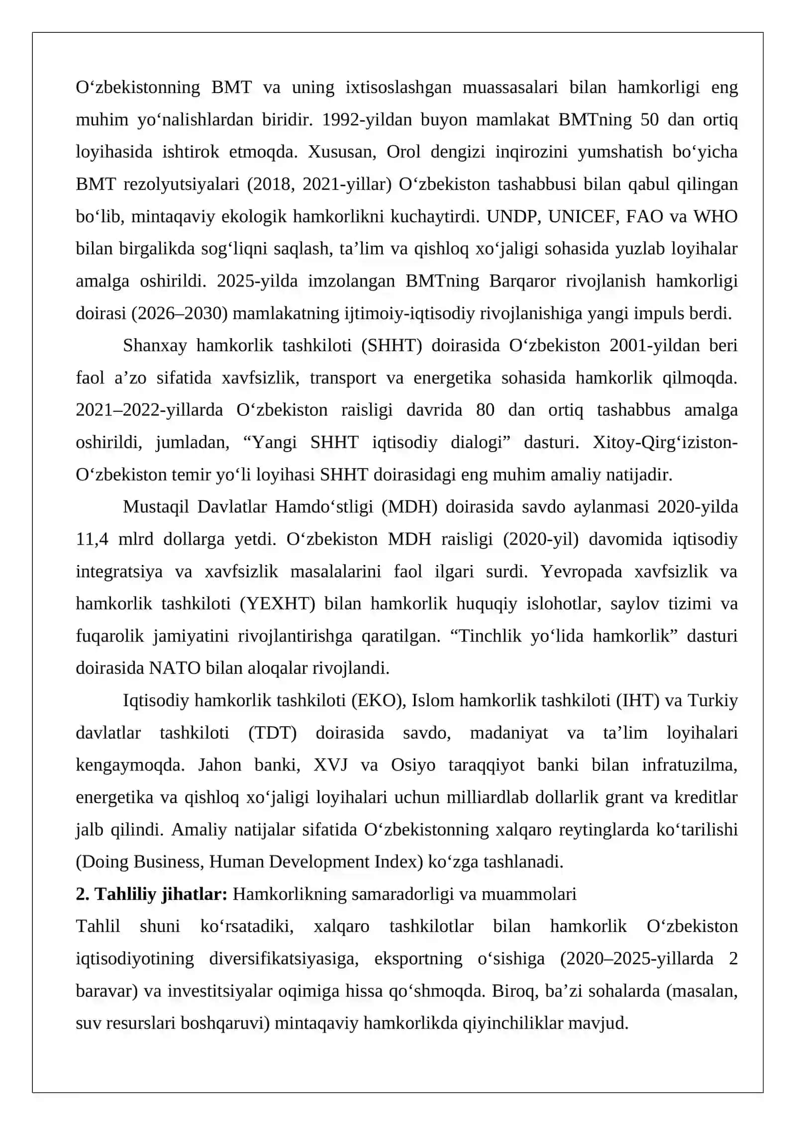 O‘zbekistonning Xalqaro Tashkilotlar Bilan Hamkorlik Aloqalari 3
