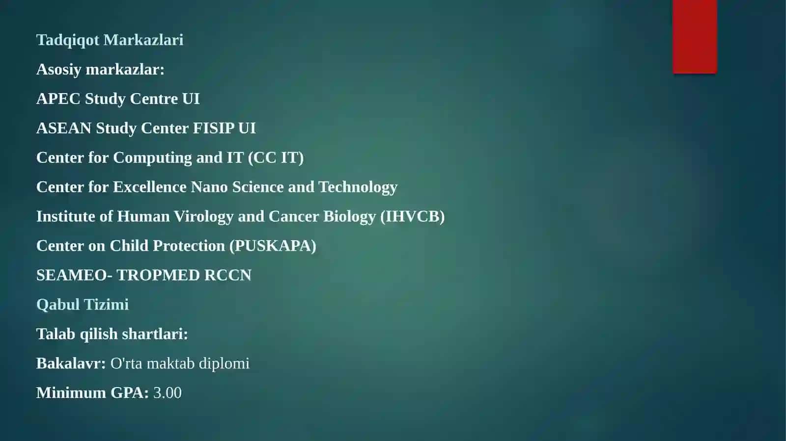 Indoneziya davlatining Universitas Indonesia (UI)  universiteti ta’lim tizimi. 3