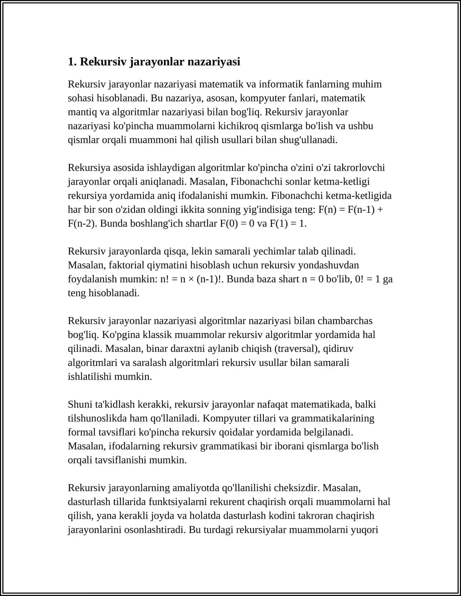 REKURSIV JARAYONLARNI TASHKIL ETISH.XULOSA 3