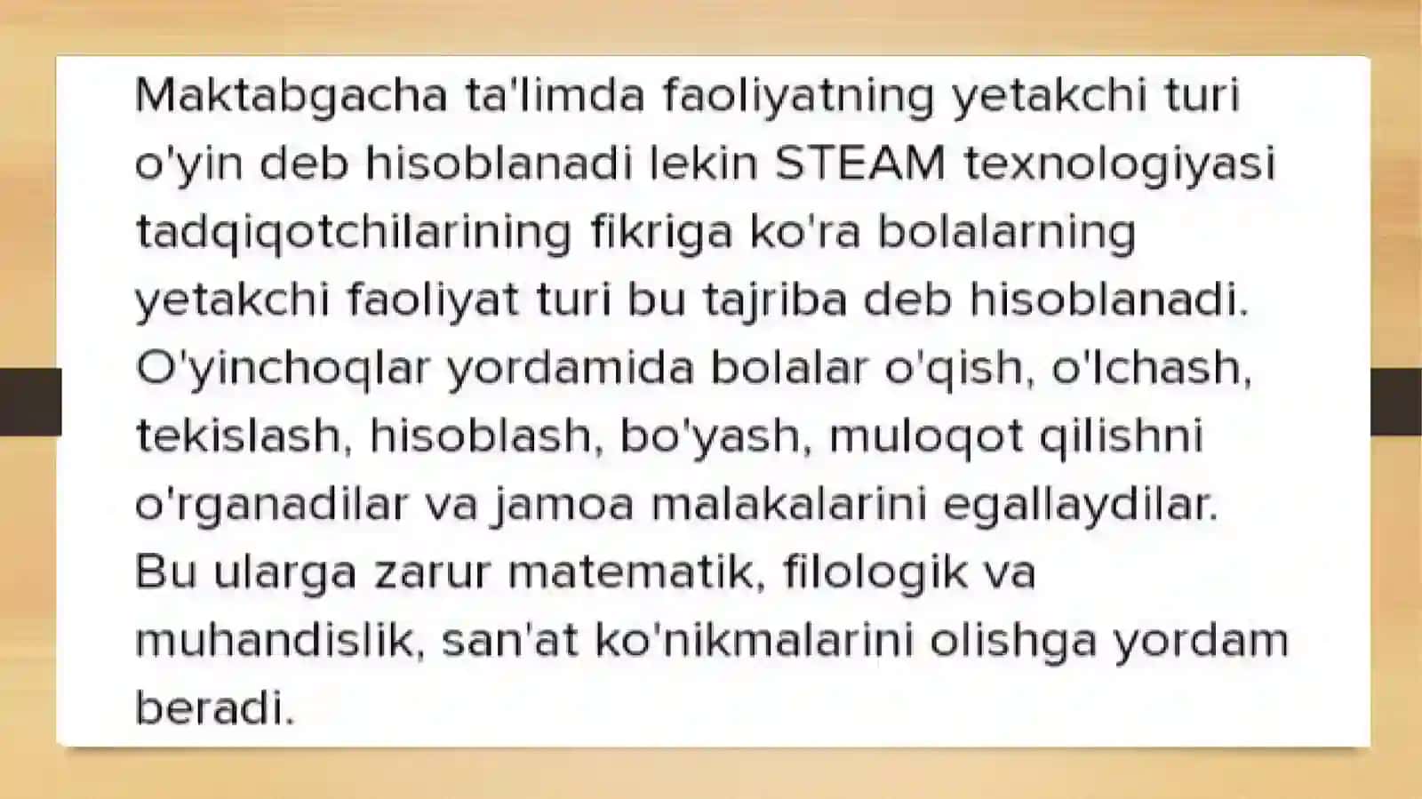 STEAM ta’lim texnalogiyasini amaliy qo’llash usullari. Maktabgacha ta’limda tabiatga oid bilimlar va badiiy estetik tarbiyaning integratsiyasi STEAM ta’lim texnalogiyasidan foydalanish. 3