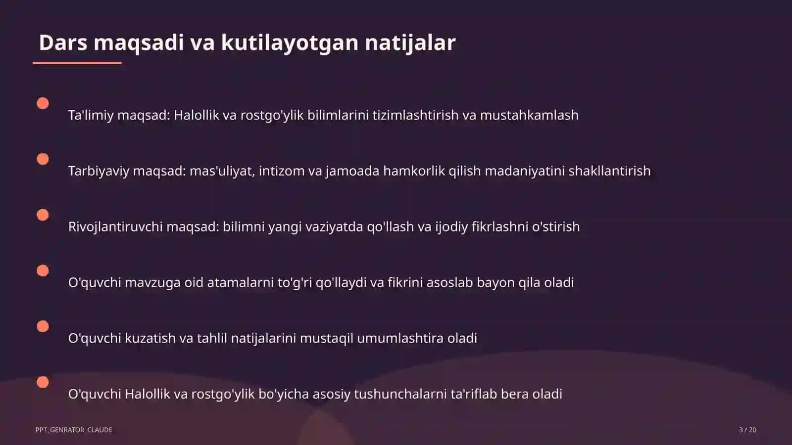 Tarbiya fani (1–11) — ochiq dars uchun 3