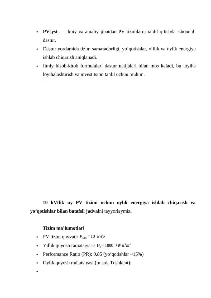 PVsyst dasturini tahlil qilish 3