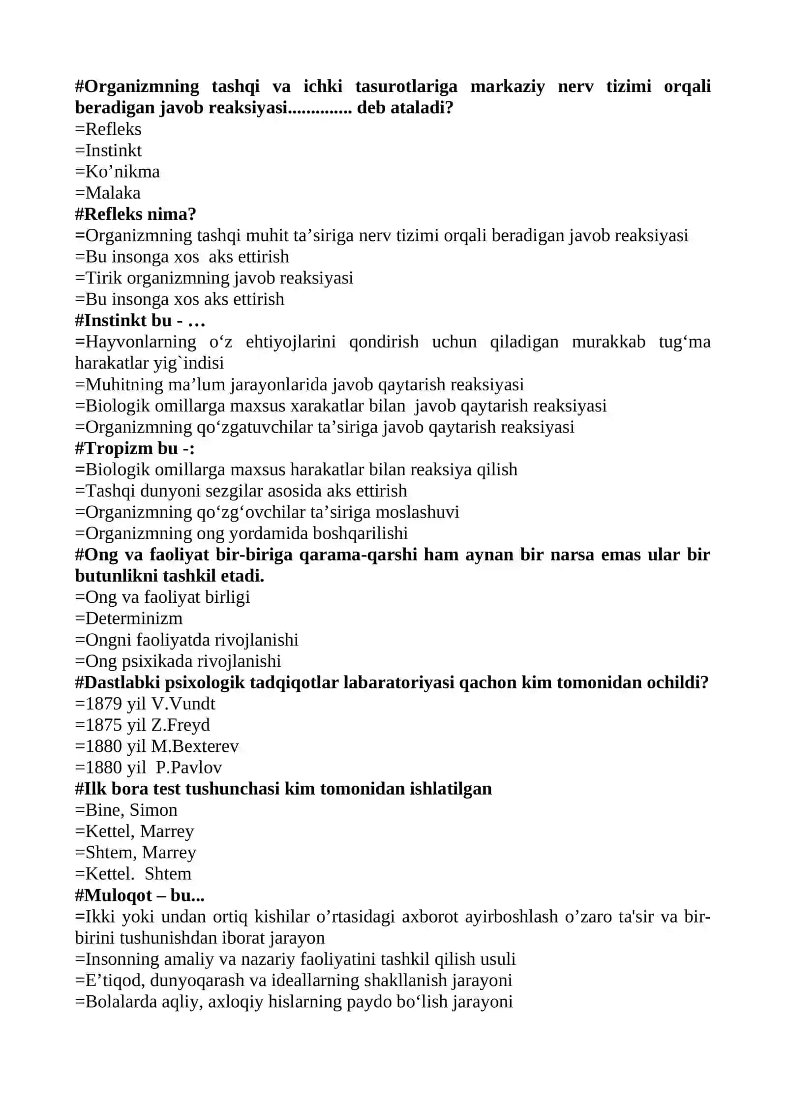 Psixologiya fanidan test. Yakuniy 3