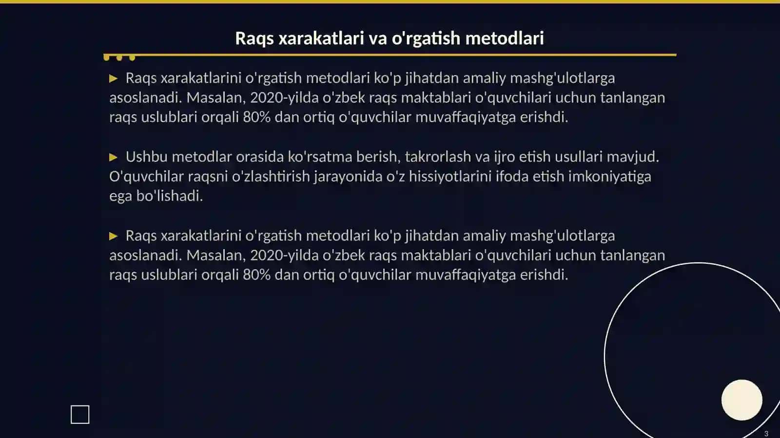 Raqs xarakatlariga, qo'shiq aytishga, musiqa tinglashga, musiqa asboblarida ijrochilikka o'rgatish usullari va yo'llari 3