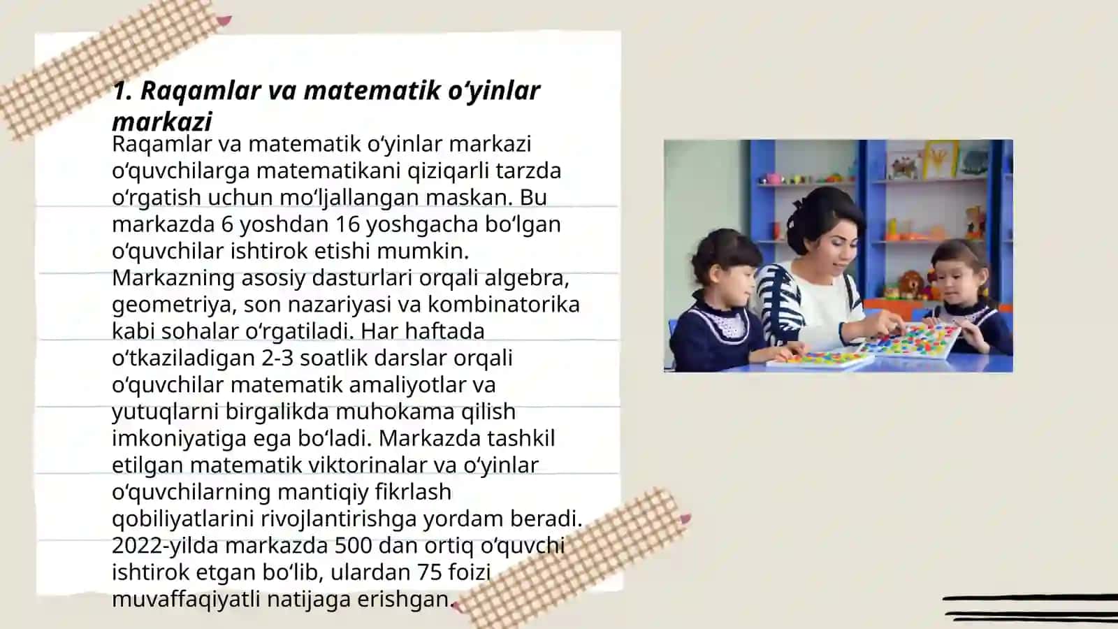 Raqamlar va matematik o‘yinlar markazi 3