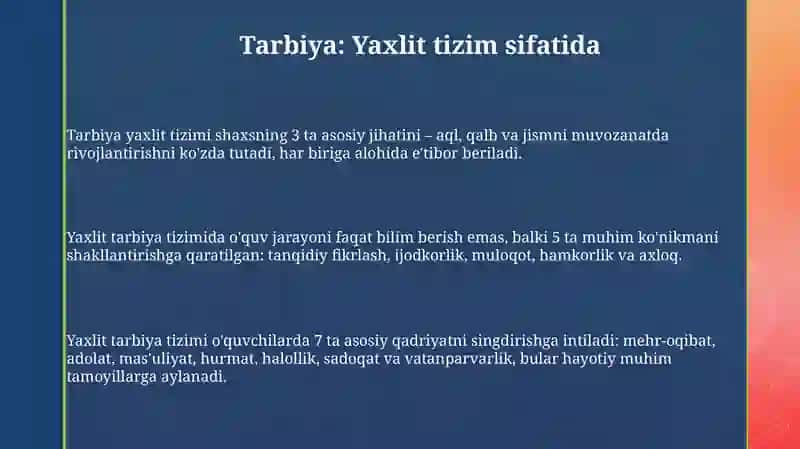 Tarbiya fanini oʻqitish jarayonida yaxlit tizimi sifatida 3
