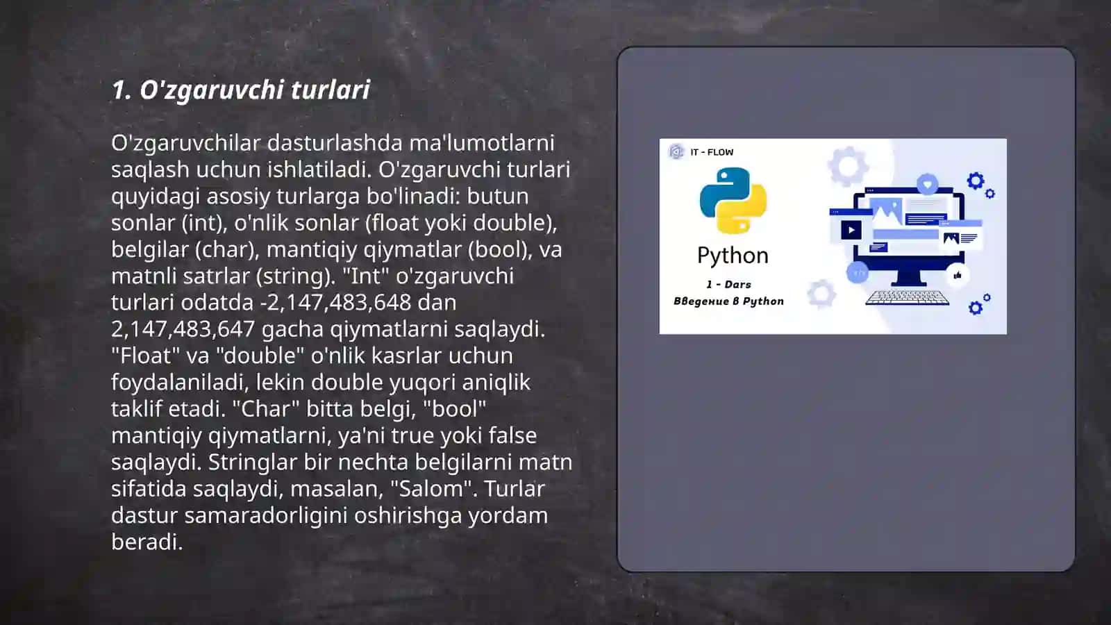 Python dasturlash tilida õzgaruvchilar va operatorlar 3