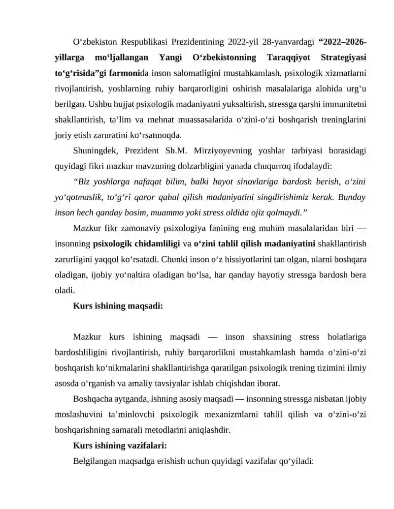 Stressga chidamlilik va oʻzini-oʻzi boshqarish treningi 3