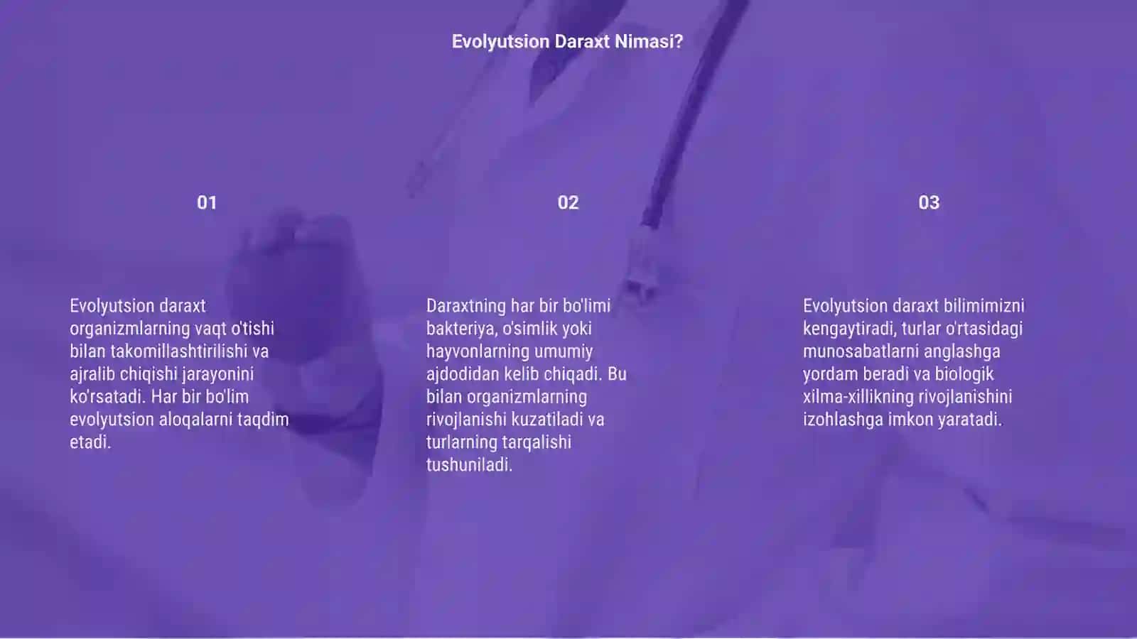 Evolyutsion daraxtni chizib har bir bo'limini izohlang 3