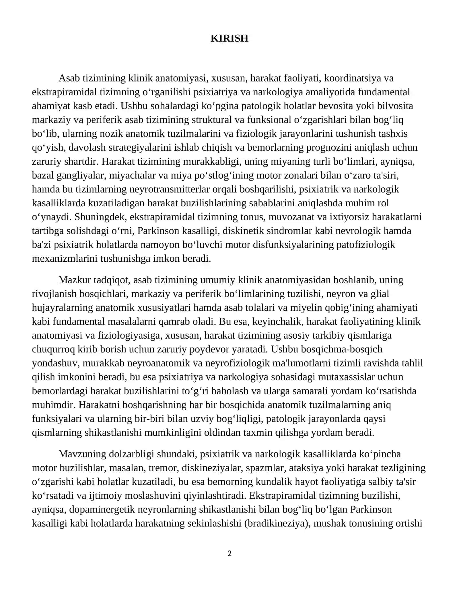 Asab tizimining klinik anatomiyasi. Harakat faoliyati, koordinasiyasi va ekstrapiramidal tizim. 3
