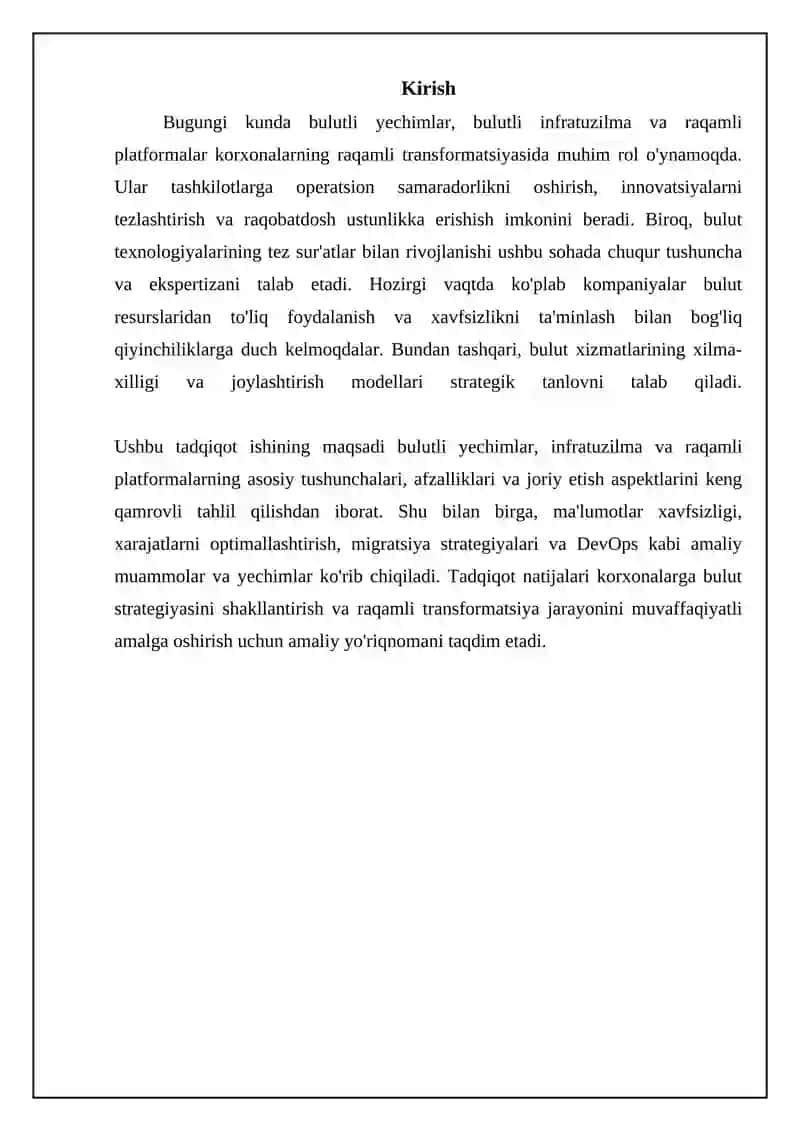 Bulutli yechimlar, bulutli infratuzilmasi. Raqamli platformalar 3