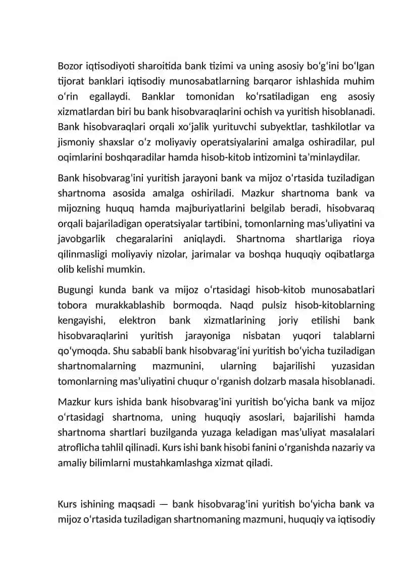 Bank hisobvarag’ini yuritish bo‘yicha bank va mijoz o‘rtasidagi shartnoma va uning bajarilishi yuzas 3
