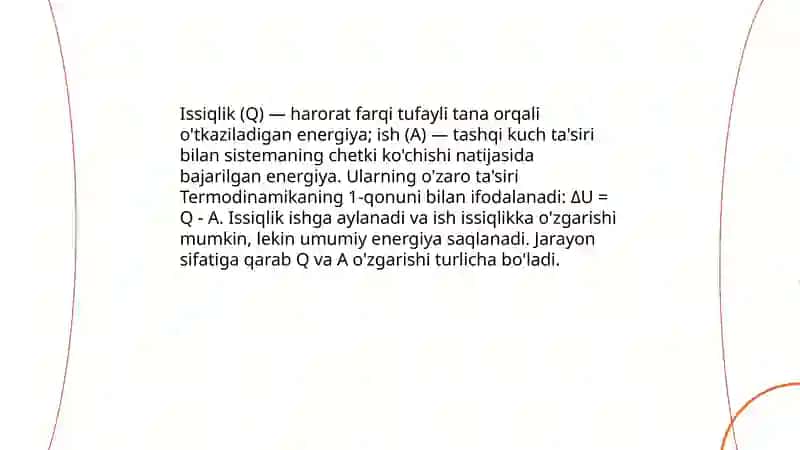 Issiqlik va ish; izotermik, izoxorik, izobarik jarayonlar. Termodinamikaning nolinchi qonuni. Jarayon issiqlik effektining haroratga bogʻliqligi. Krixgoff qonuni 3