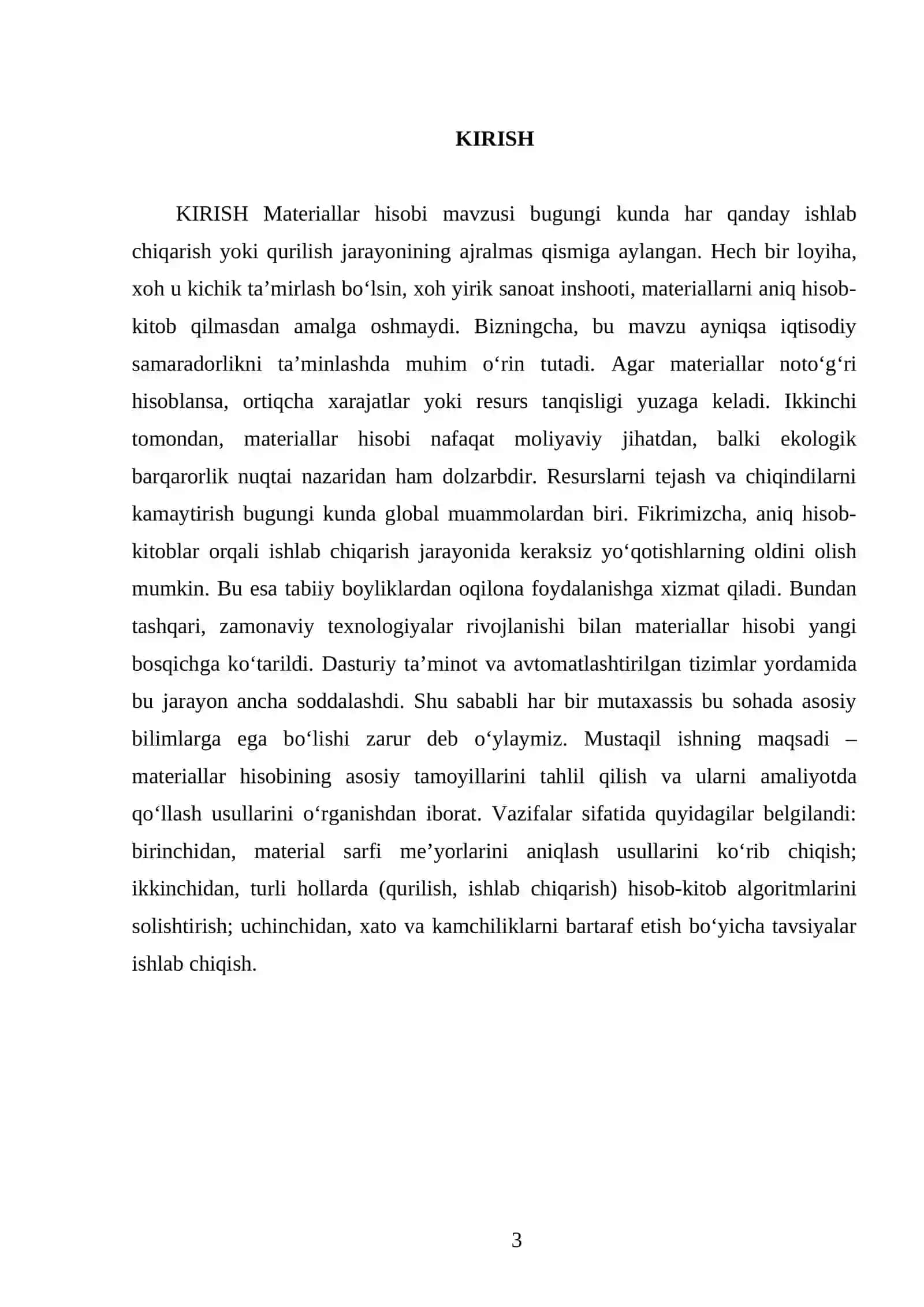 MUSTAQIL ISH Mavzu: Materiallar hisobi 3