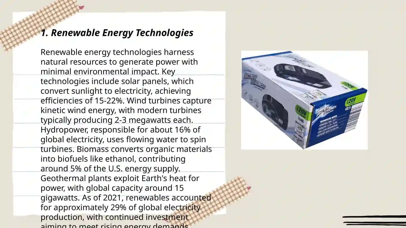 Plan: 1. Renewable Energy Technologies 2. Solar Power Innovations 3. Wind Energy Developments 3