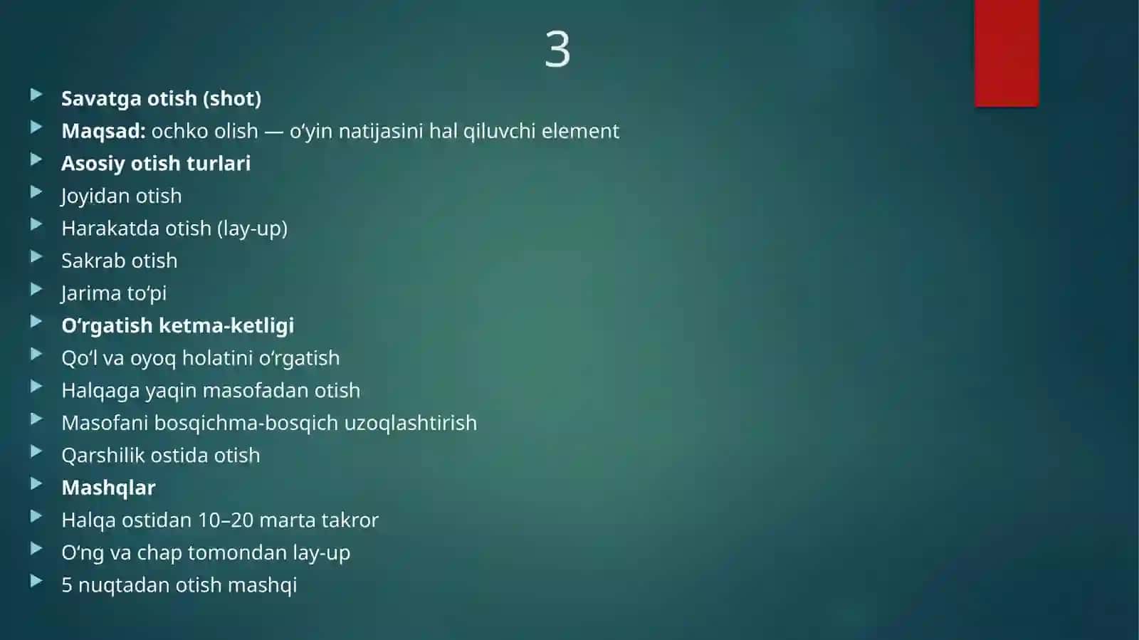Basketbol o‘yini texnik-taktik harakatlarini o‘rgatish 3