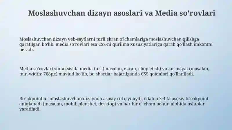 Moslashuvchan dizayn asoslari va Media so'rovlari 3