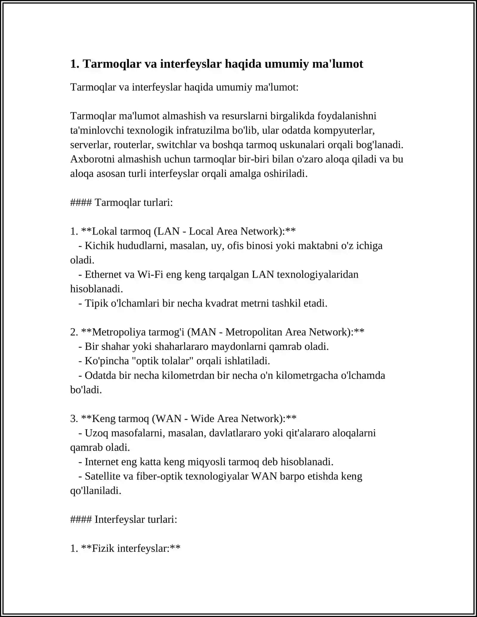 TARMOQ INTERFEYSLARINI OʻRGANISH VA TARMOQ TUGUNLARINI SOZLASH 3