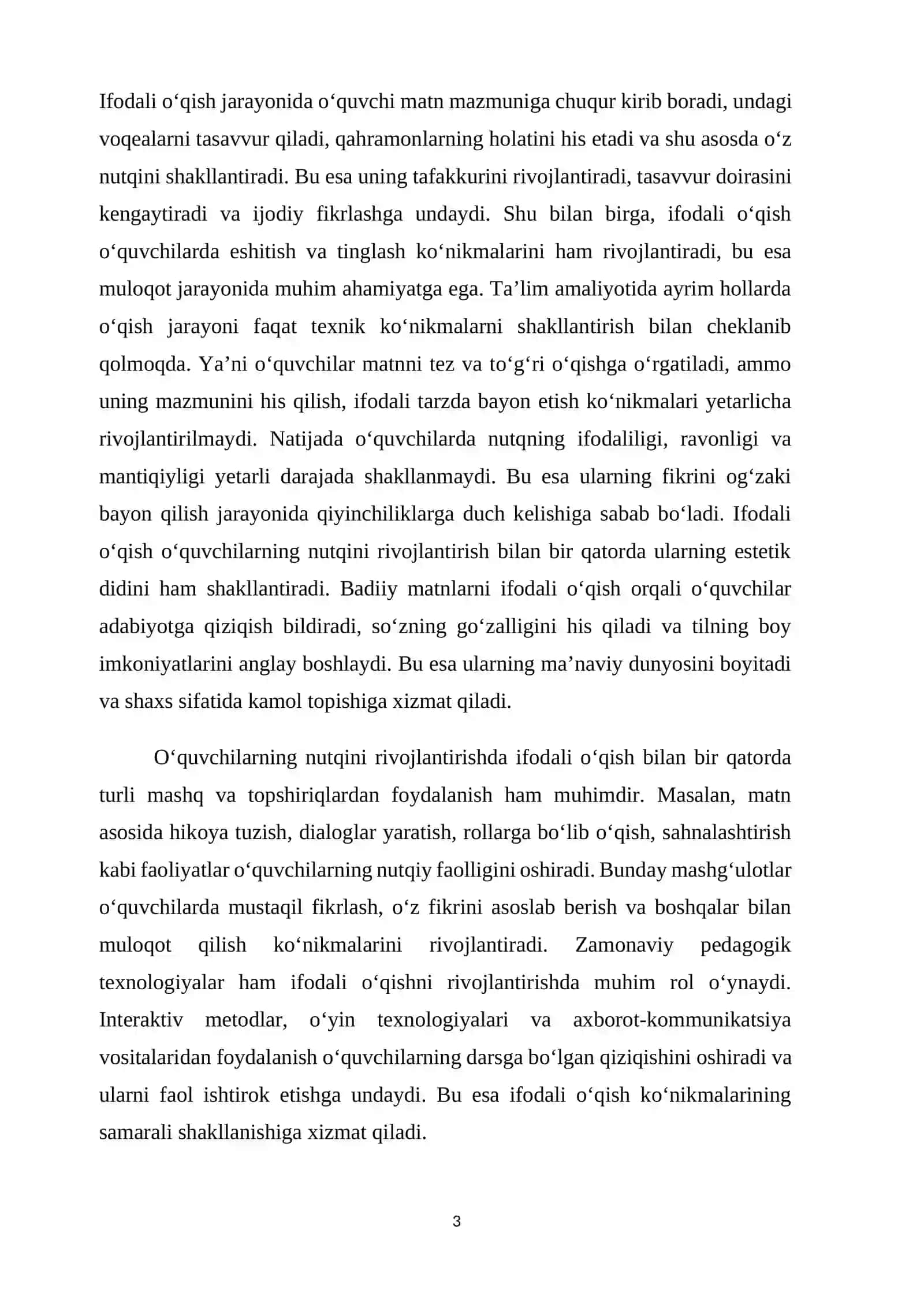 Ifodali o‘qishga o‘rgatish orqali o‘quvchilarning og‘zaki nutqini o‘stirish. 3