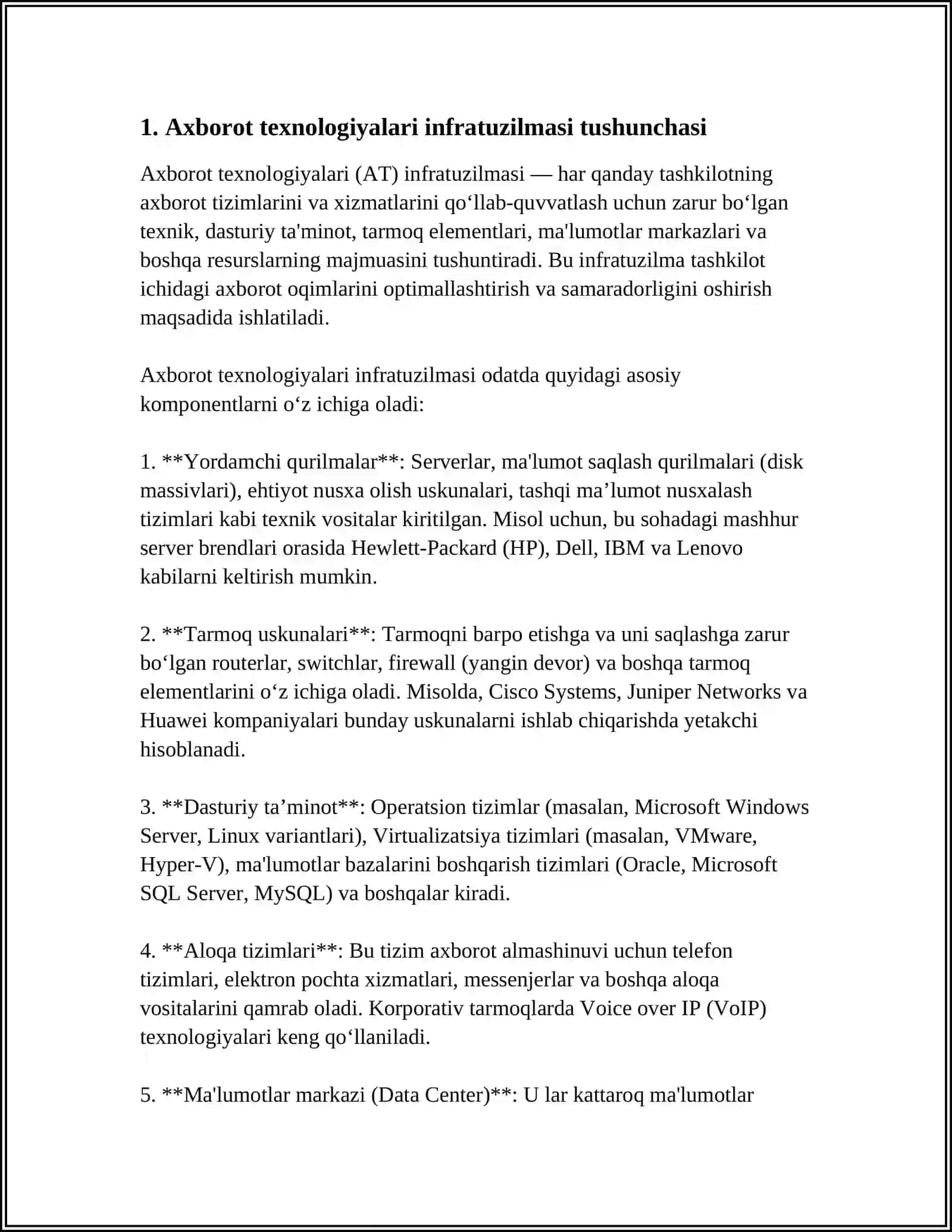 AXBOROT TEXNOLOGIYALARI INFRATUZILMASI VA UNING TURLARI 3